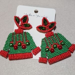 Festive Green and Red Beaded Earrings